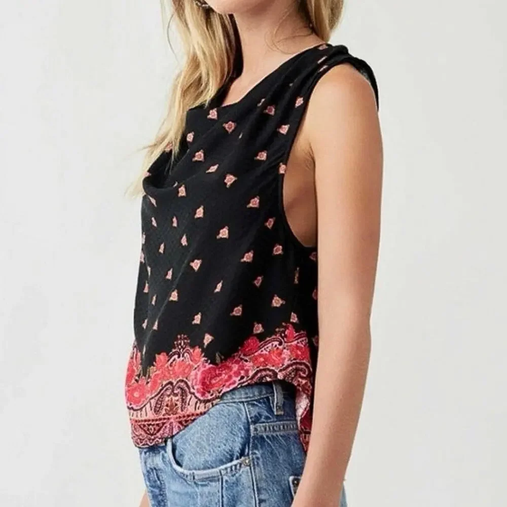 NEW Free People Silas Women's Black Red Floral Paisley Cowl Neck Tank Top Sz XS